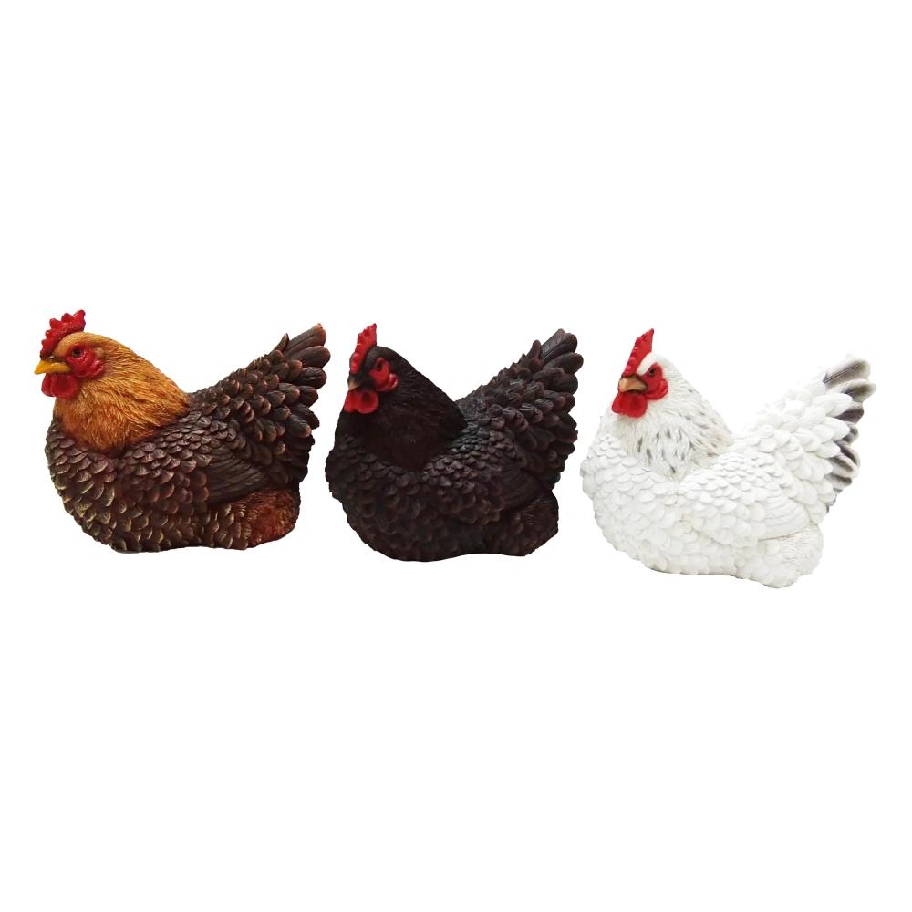 Assortiment van 3 tuinbeelden liggende kippen