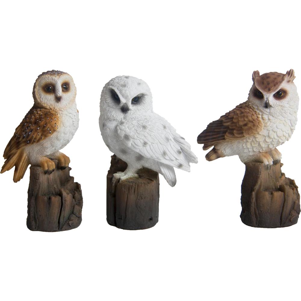 Assortiment van 3 tuinbeelden uilen op boomstam S