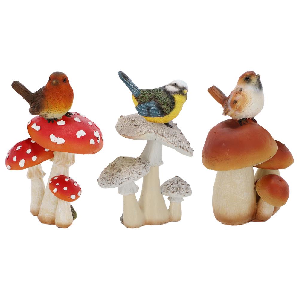 Assortiment van 3 tuinbeelden paddenstoelen met vogel S
