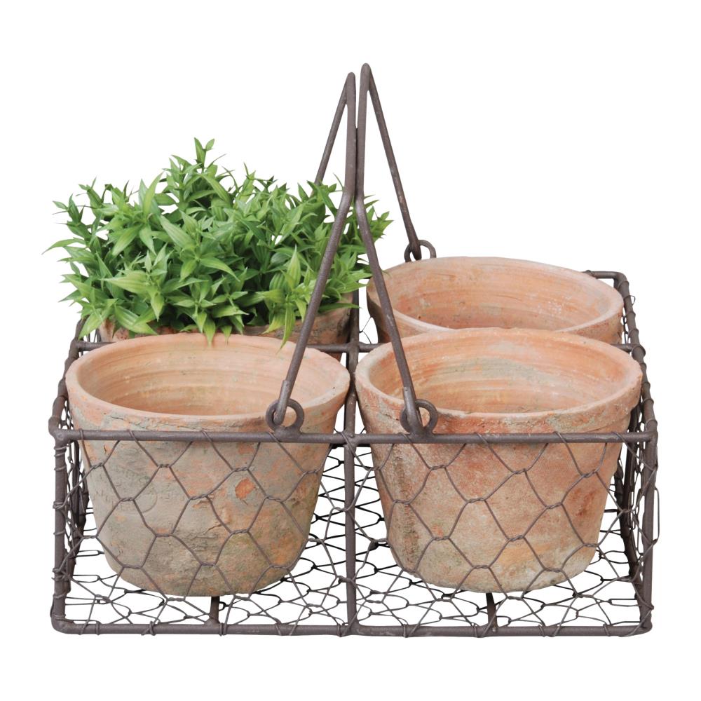 4 Aged Terracotta bloempotten in draadmand met handvat