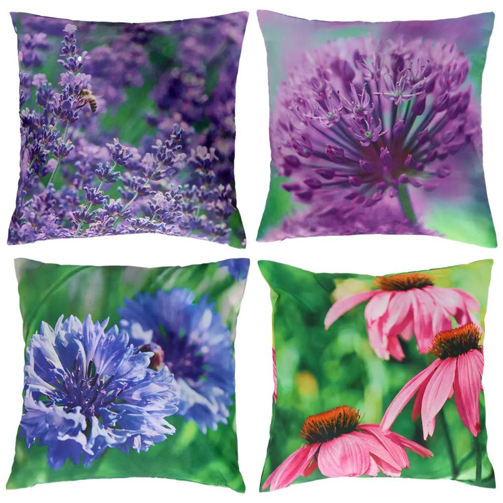 Assortiment van 4 buitenkussens met paarse bloemenprint L