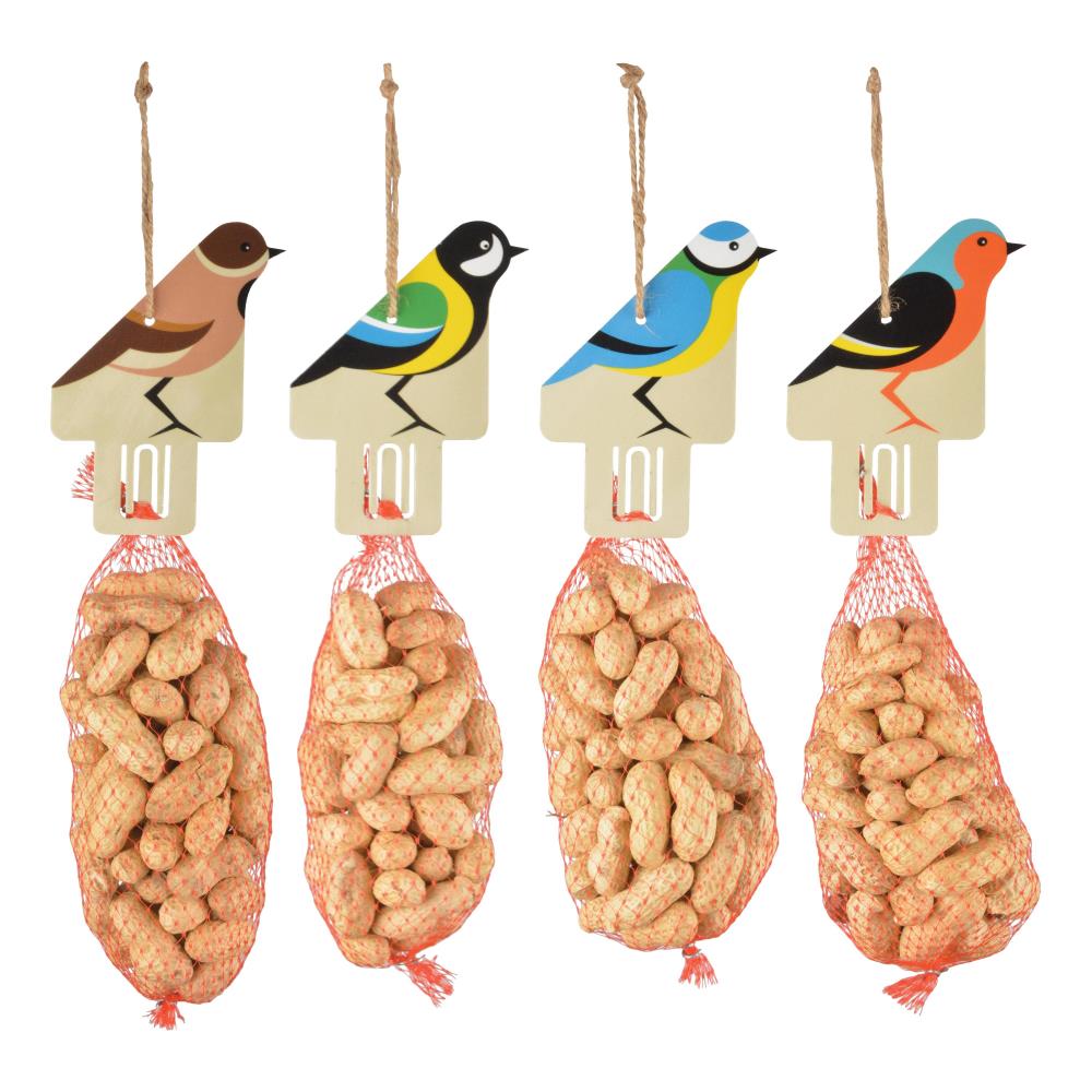Assortiment van 4 vogelhangers met pinda's