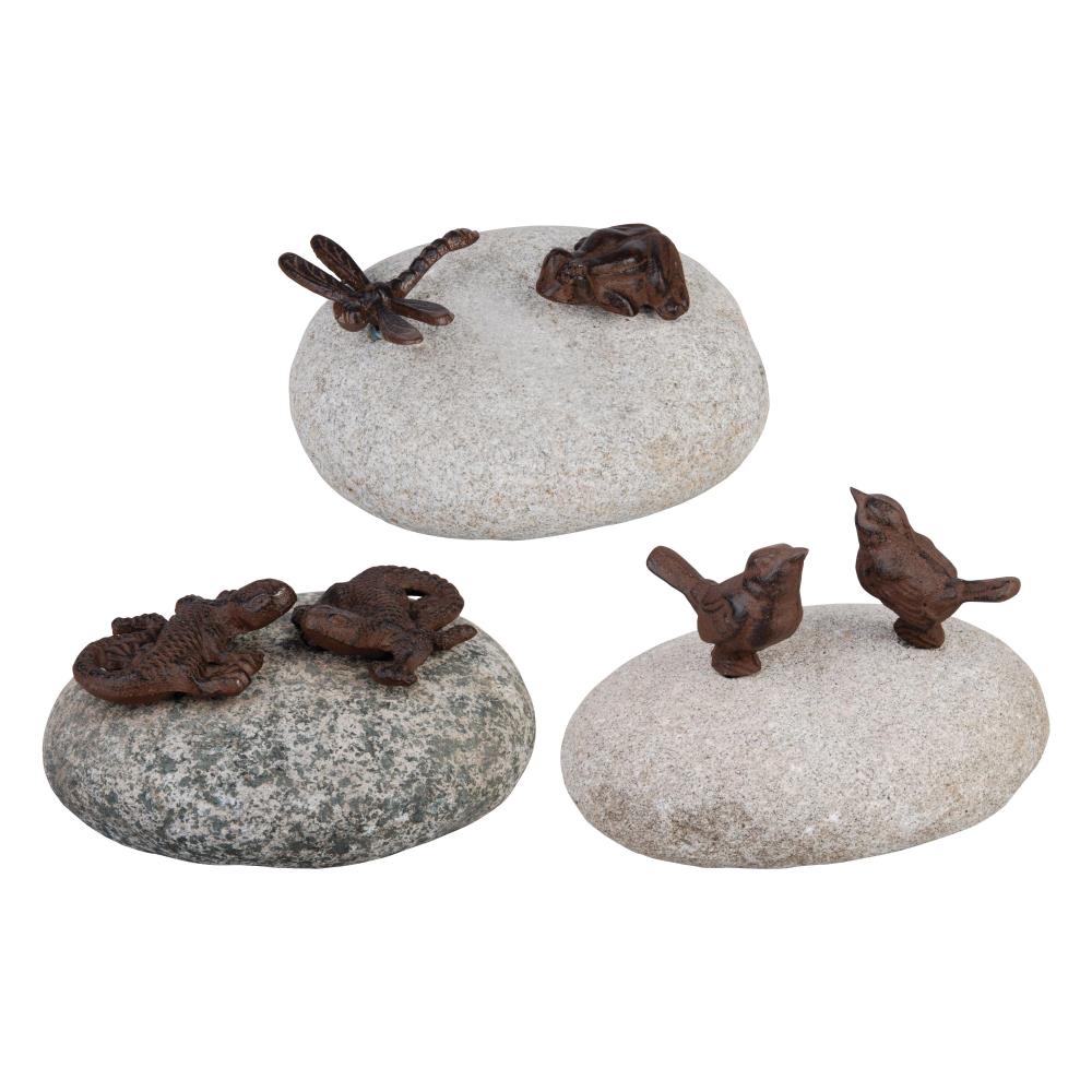 Assortiment van 3 tuinbeelden dieren op steen
